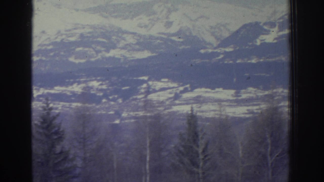 8mm home movie frame from 1976 showing a snow-covered Alpine ridgeline with coniferous trees in the foreground and a pale overcast sky above.