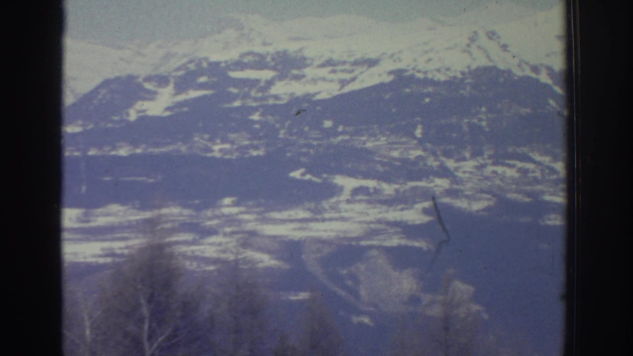 Final frame of 1976 8mm home movie showing an Alpine winter panorama with snow-laden peaks, an open snowy valley, and foreground coniferous trees under a pale sky.