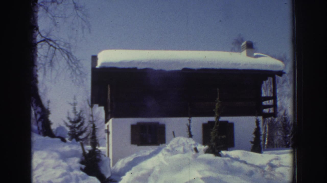 White alpine chalet with snow-covered roof and deep snowdrifts; bare trees and small conifers flanking the building.