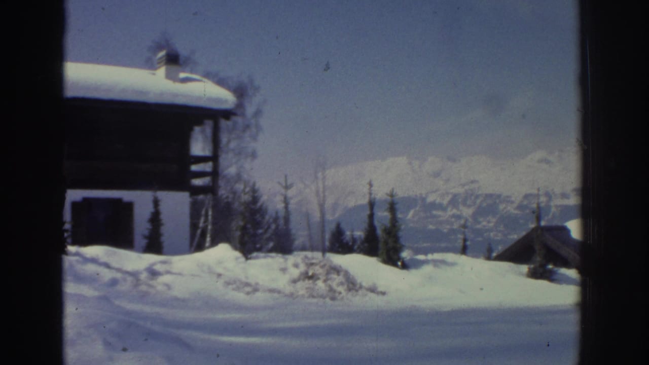 Snow-covered wooden chalet roof and chimney in foreground, evergreen trees, and distant snow-capped mountain range.