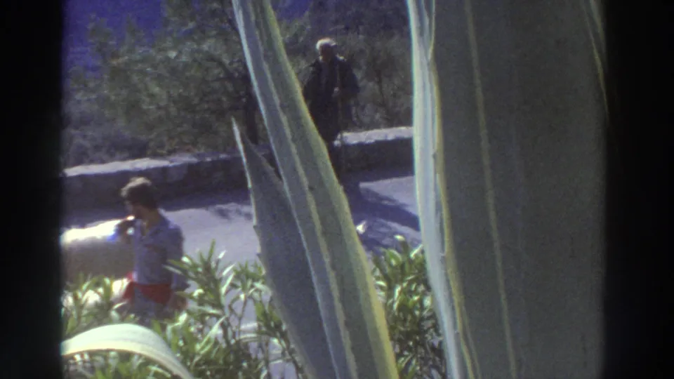 Two adults stand roadside watching the retreating sheep herd in rural Greece, c. 1976; a dark period vehicle is partially visible in this 8mm home movie frame.