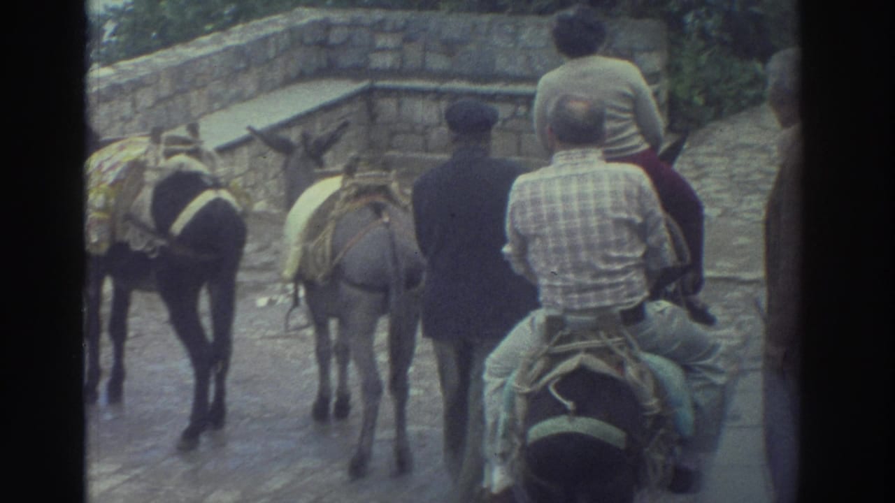 1976 Greece frame with men riding donkeys and a dark-jacketed guide walking ahead on a cobblestone path near stonework and trees.