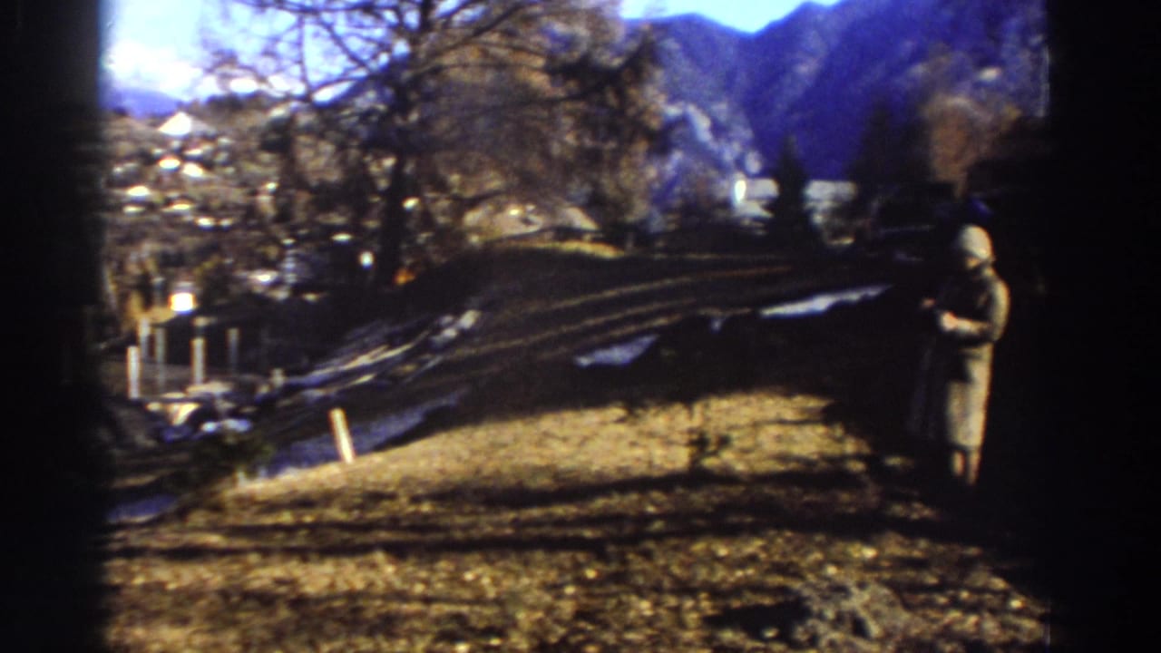 Person stands at the right edge of a hillside view with trees and mountains beyond.