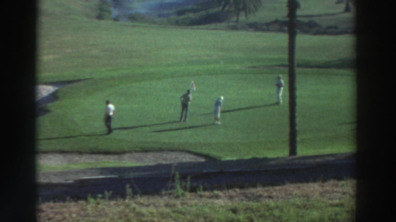 Several golfers are spread across a green fairway near palm trees and a path edge.