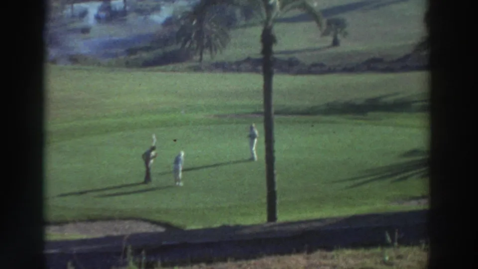 Distant 8mm view of golfers on a green in Greece, with a tall palm trunk, soft focus, and saturated course grass.
