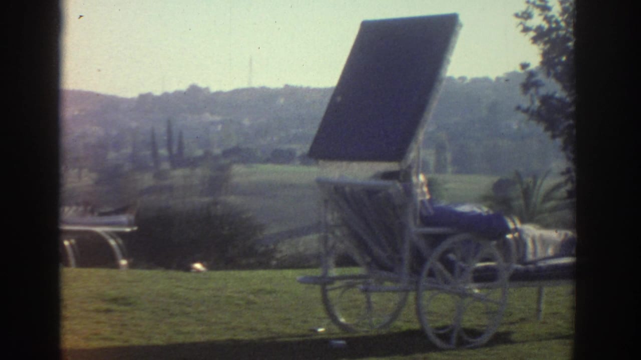 A wheeled outdoor lounge chair with a raised sun shade sits on a grassy area, backed by shrubs and a hazy hillside landscape.