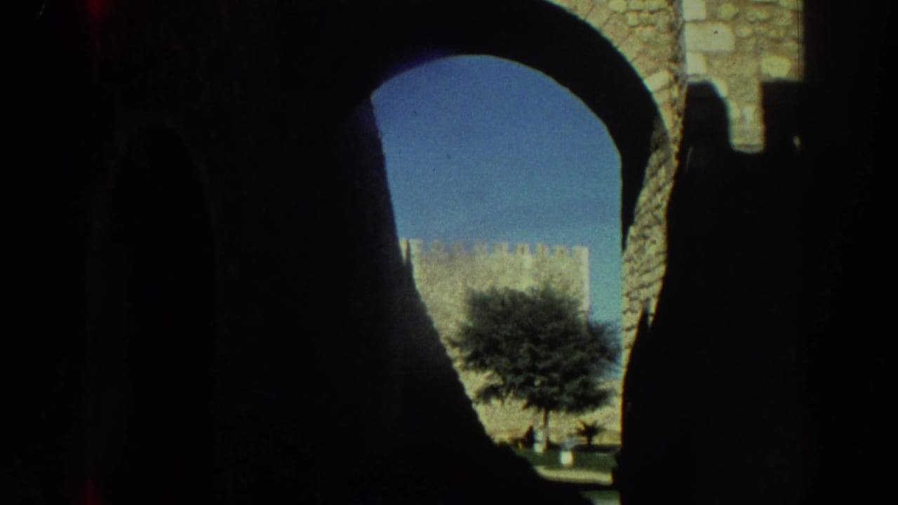 Shadowed stone archway framing a sunlit castle wall, tree, and blue sky.