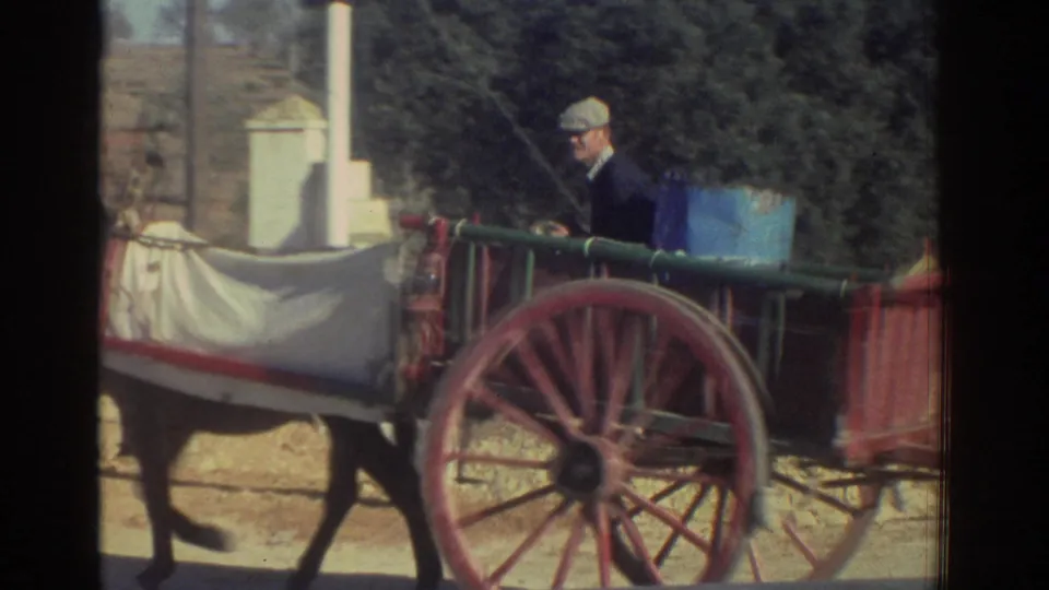 1976 Greece frame showing a capped man driving a horse-drawn wooden buggy with red wheels and a blue barrel beside a roadside entrance.