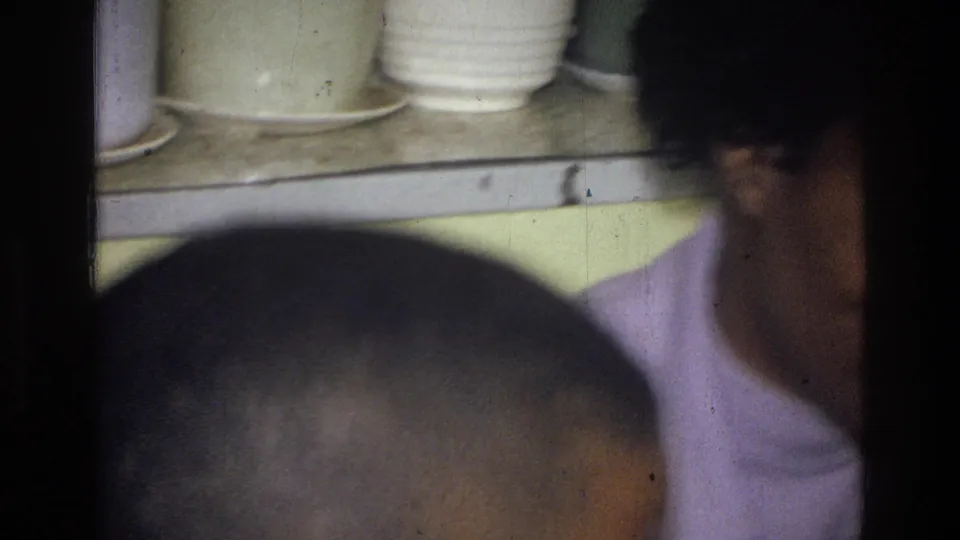 A handheld 8mm frame catches blurred nearby figures in the foreground while the room's table and plant-lined windowsill remain visible.