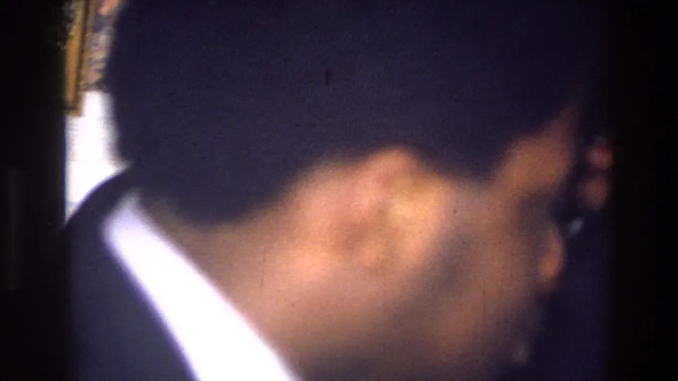 A man in dark clothing is seen from behind or in profile as the handheld camera shifts within the private interior.