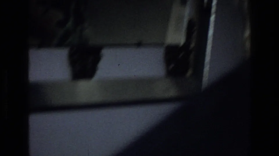Dim home-movie frame from the Harlem clip showing an interior panel area with dark shapes and little visible human detail.