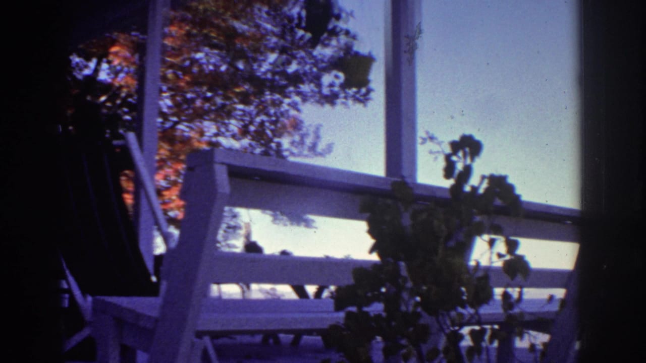 1976 8mm frame from Watkins Glen showing a white wooden overlook railing, foliage, tree shade, and pale sky.