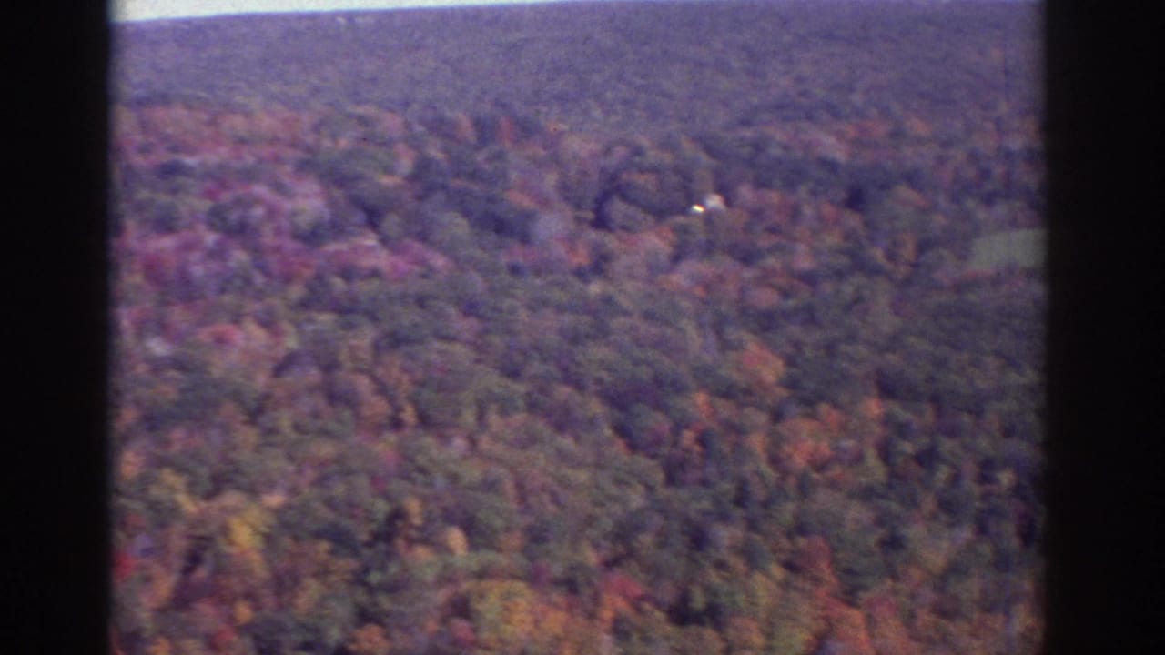 Soft 8mm aerial frame from Watkins Glen area, showing autumn woodland across a broad hillside.