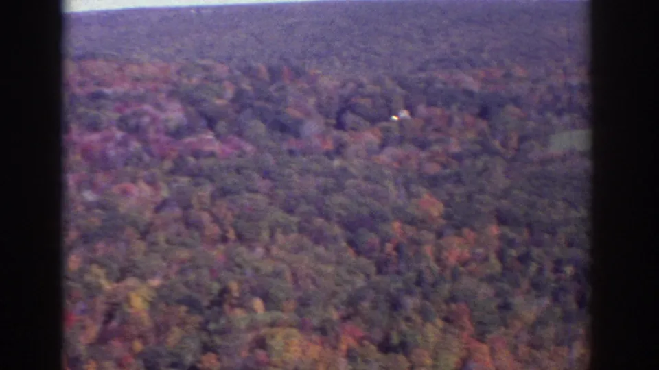 Soft 8mm aerial frame from Watkins Glen area, showing autumn woodland across a broad hillside.