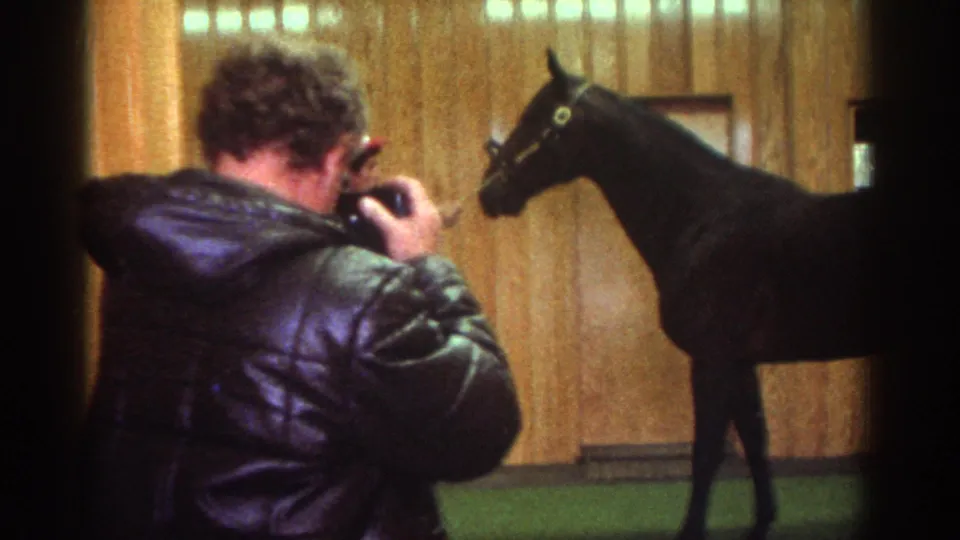 Watkins Glen 1976 home-movie frame showing a man photographing a dark horse in a warm-lit indoor arena.