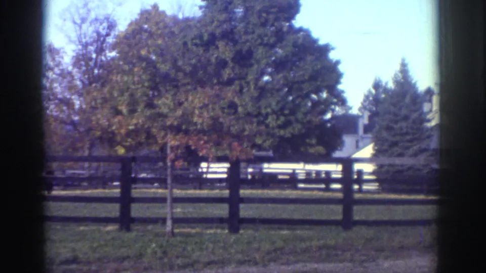 Watkins Glen 1976 home-movie frame showing a fenced grassy yard with trees and distant houses in daylight.