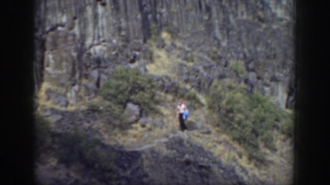Person walking near shrubs on a sloped trail below a rock wall.