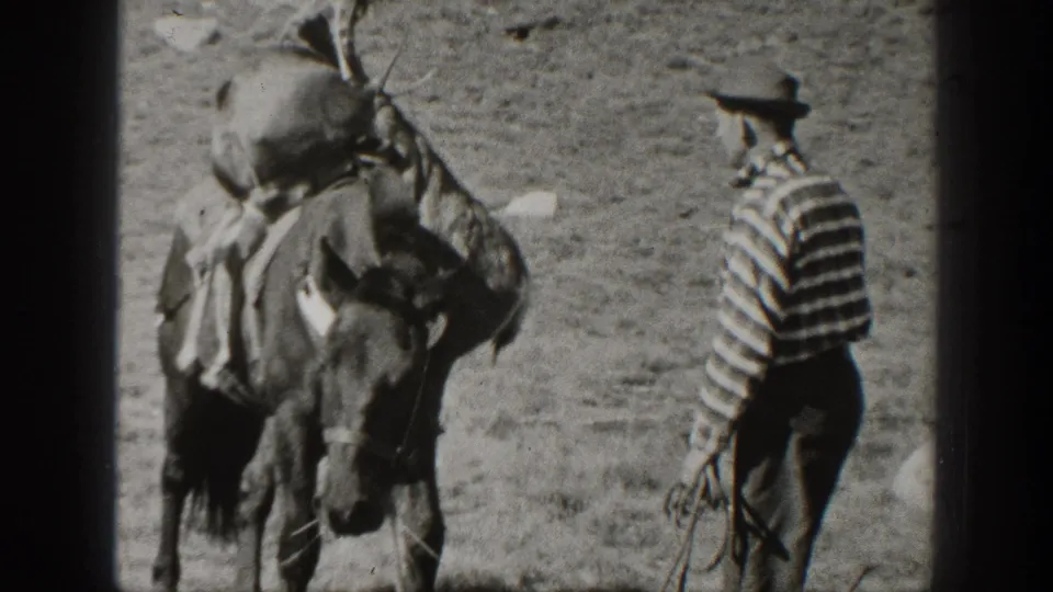 1938 California home-movie frame showing two adult men standing near a loaded mule in a wooded mountain area.