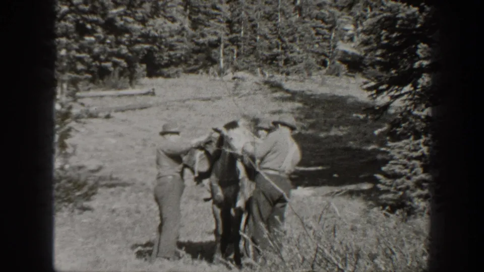 Men in period outdoor clothing appear to lash equipment onto a mule in a California forest setting.