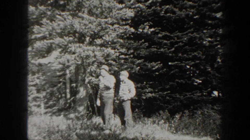 Two men in hats stand in tall grass near trees, with the mule or gear partly visible at their feet.