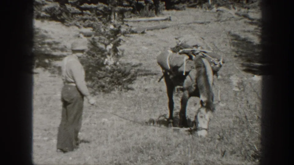 1938 California home-movie frame showing an adult man guiding a loaded donkey through a grassy mountain meadow.