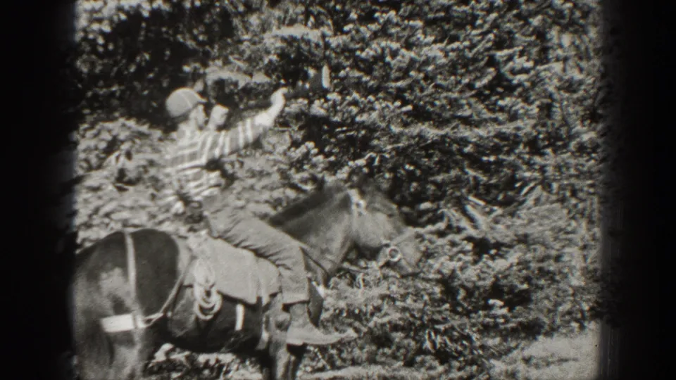 The adult rider holds a raised hand with spread fingers while seated on the horse in the 1938 California home-movie scene.