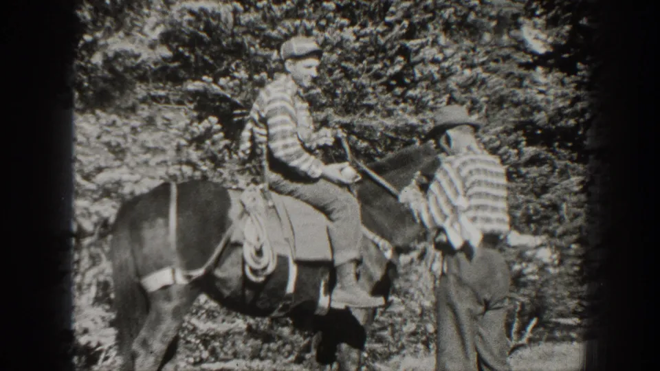 Two adult men interact beside a saddled horse in a forested California home-movie frame from 1938.