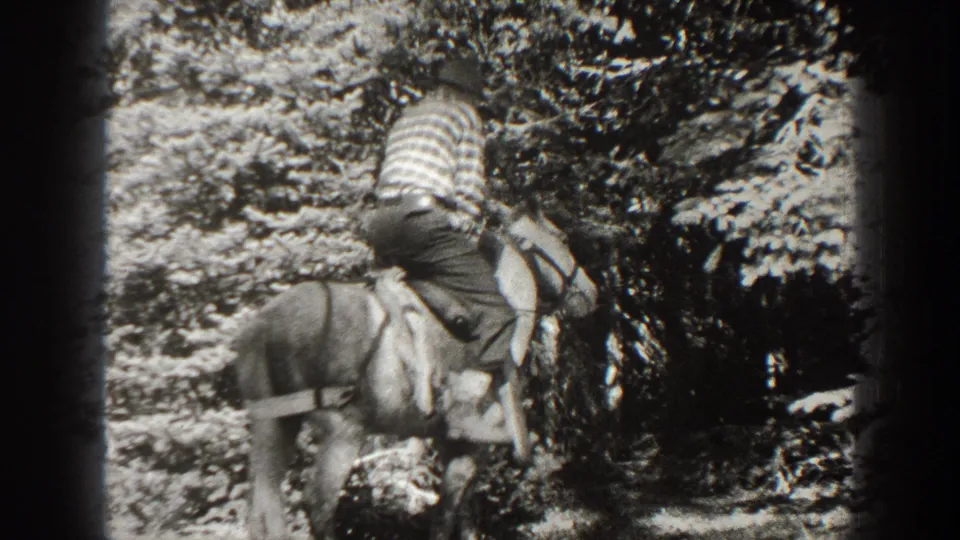Black-and-white 8mm frame showing the rider from behind on a saddled horse, with dense foliage in the background.