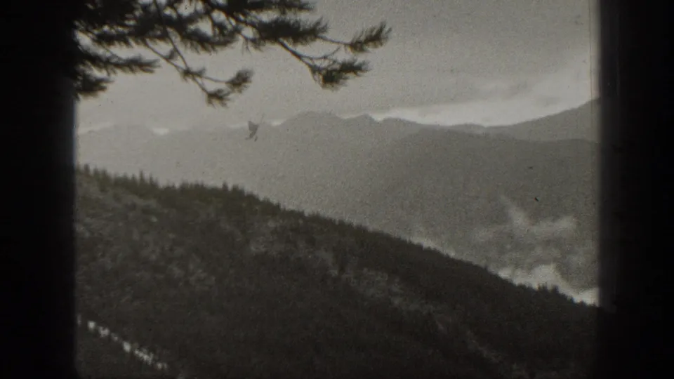 1938 California 8mm view of a forested slope, distant ridgelines, and soft cloud cover seen from a partially obstructed vantage point.