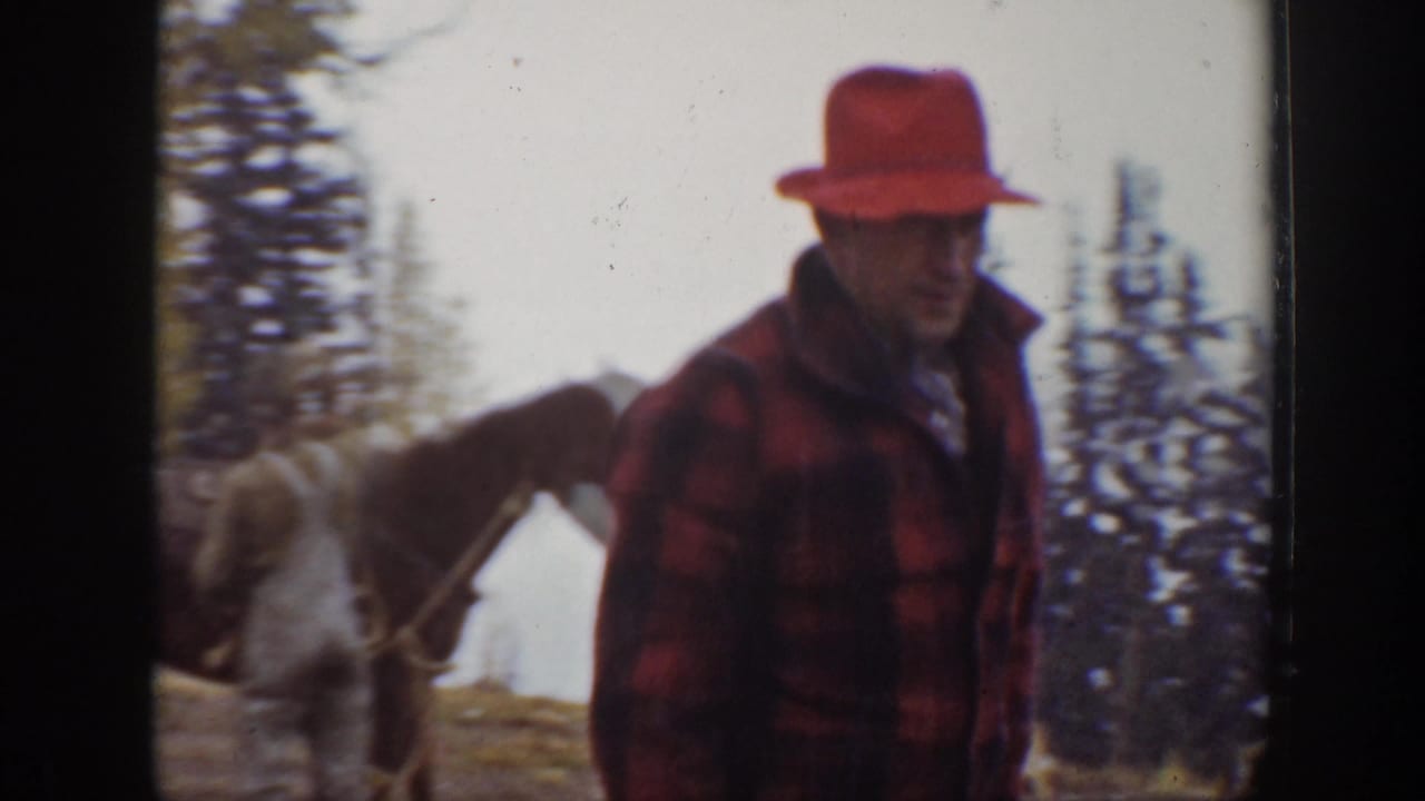 Man in a red hat and plaid jacket walks near horses in a forested mountain setting.