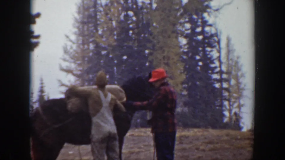 Two adult men handle a dark horse in 1938 California footage, one in white overalls and one in a red hat and plaid jacket.