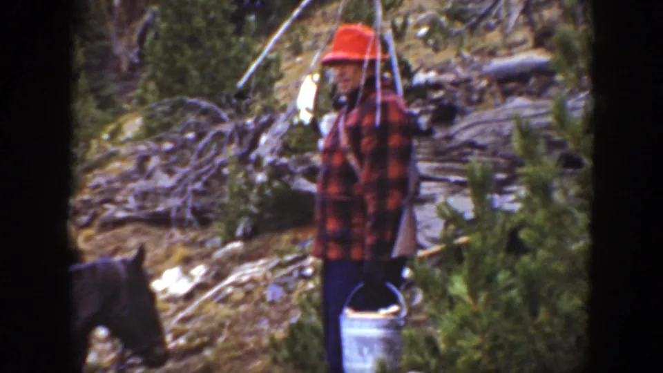 A man in a red hat and plaid shirt stands beside the pack horse with a metal pail in a rocky California mountain setting.