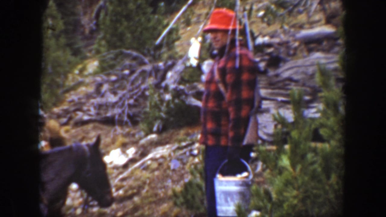 1938 California home-movie frame showing a worker in a red hat and plaid shirt near a horse on a wooded trail.