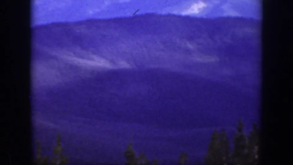 1938 California 8mm frame of distant mountain ridges and dark evergreen tops under a pale sky.