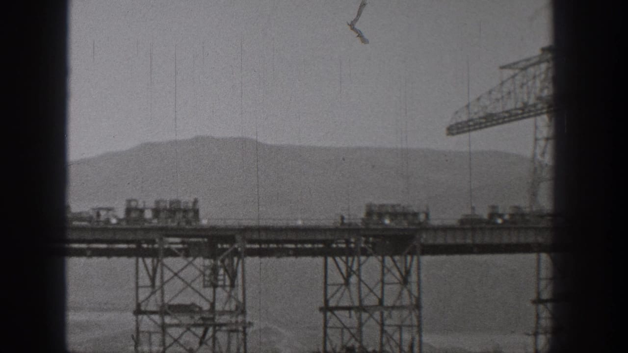 Small carts on an elevated steel bridge with a crane at the right edge.