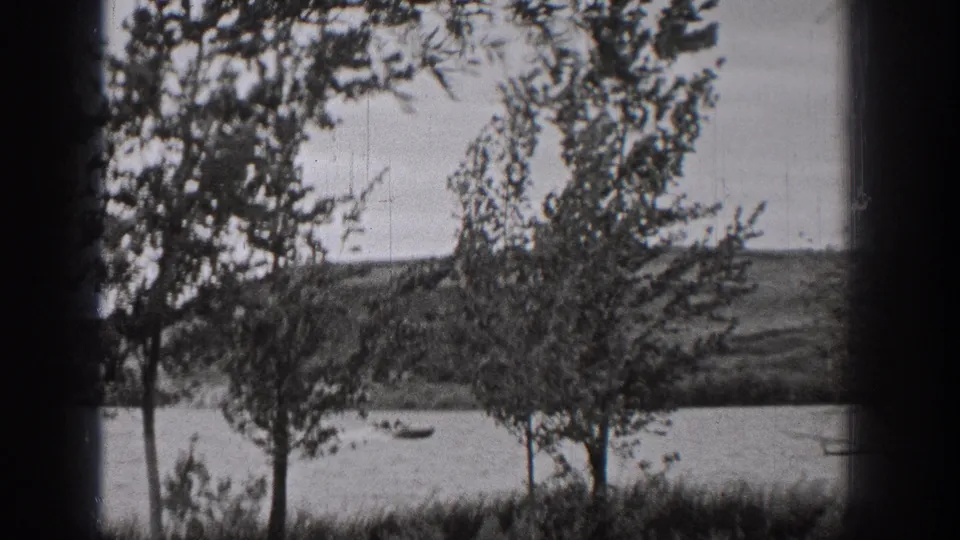 1938 Washington 8mm frame showing lakeside trees and bushes with small boats visible across the water.