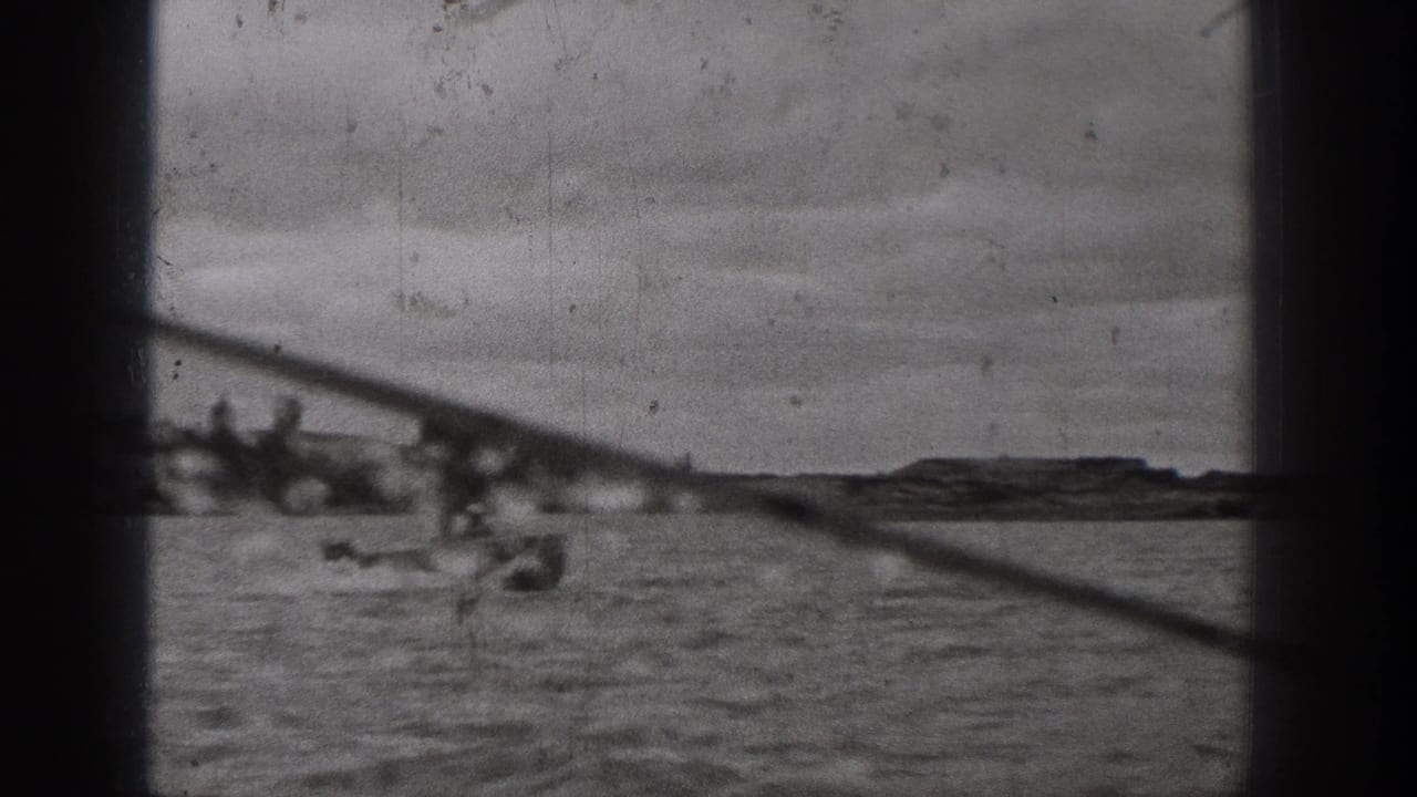 1938 Washington boating scene with a small motorboat moving across open water behind dark window framing.