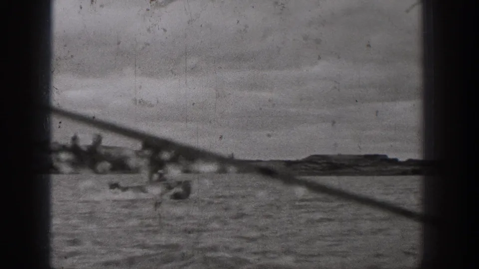 1938 Washington boating scene with a small motorboat moving across open water behind dark window framing.
