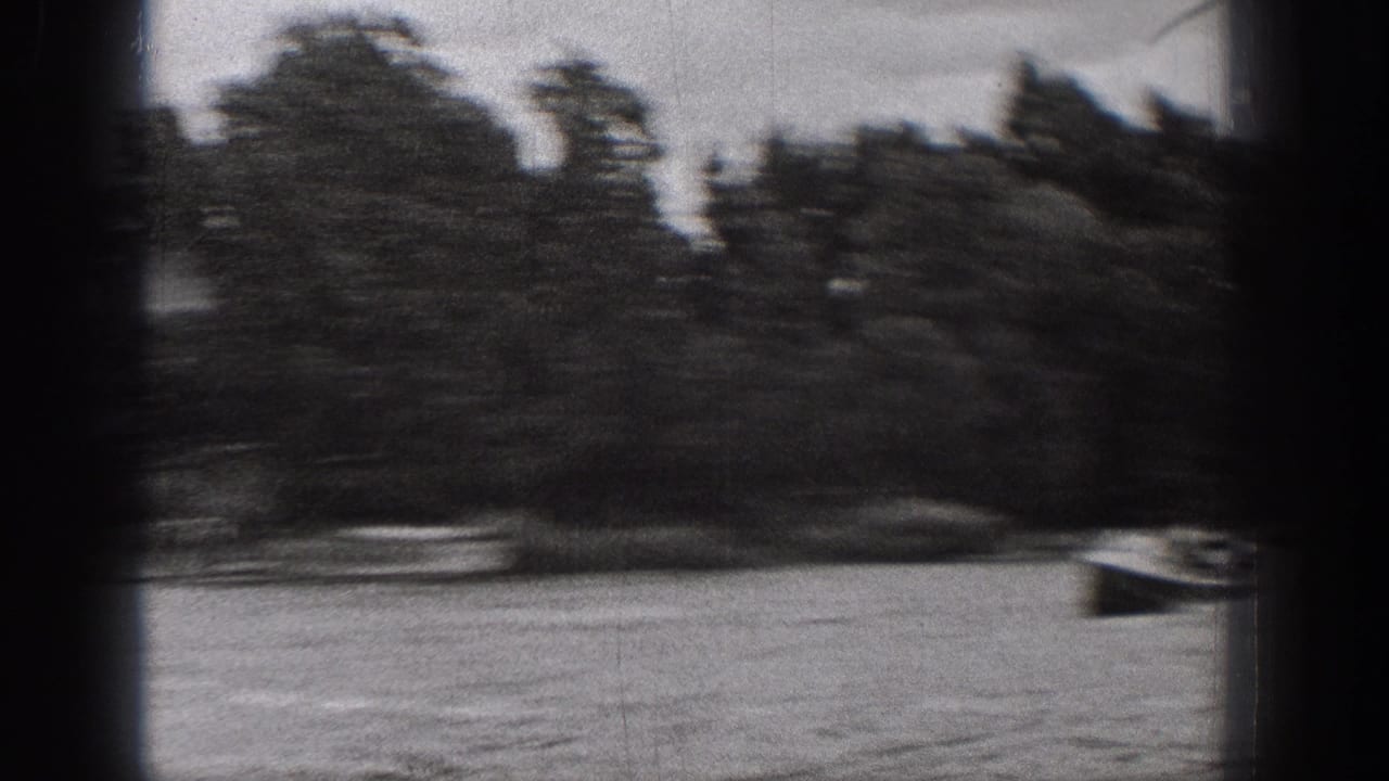 Motion-blurred 8mm view of lakeside trees and a small boat near the right edge, consistent with 1938 Washington home-movie footage.