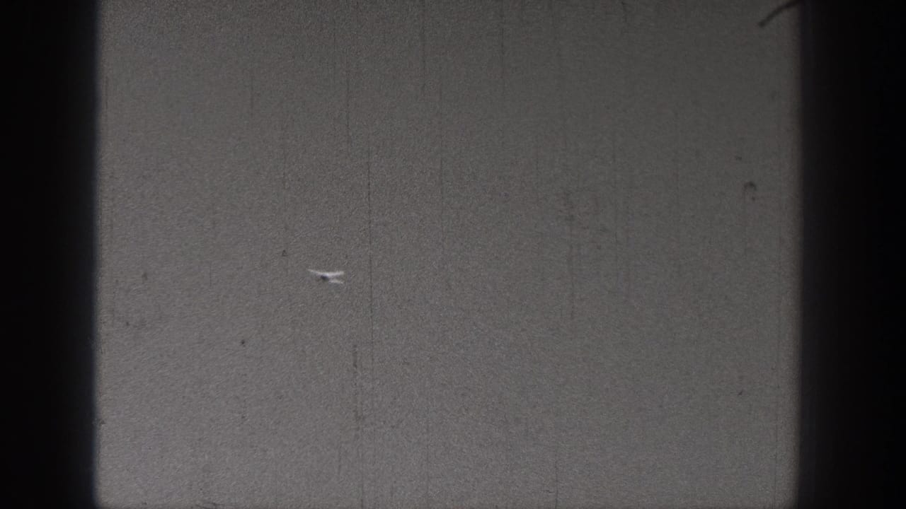 1938 Washington home-movie frame where a tiny model aircraft appears low in a largely empty outdoor view.