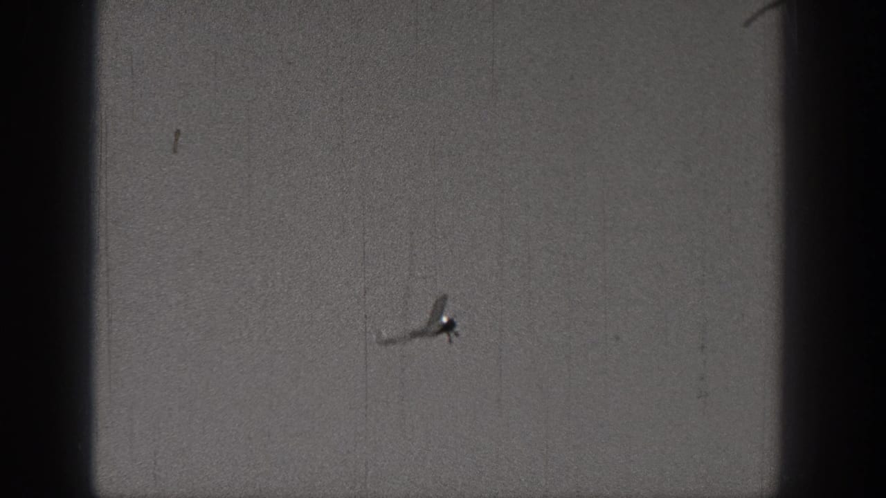 A distant model airplane appears as a darker silhouette against the sky, with visible grain, scratches and the cropped edges of the 8mm frame.