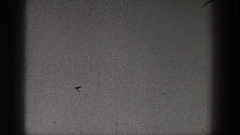 1938 Washington 8mm frame with a tiny bird-like speck against a dark, grainy sky and black film-edge shadow.