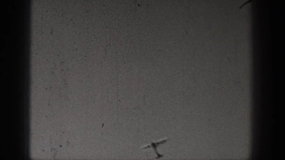 Black-and-white 8mm frame from the Washington 1938 clip showing sky, dark gate borders, scratches, and dust with no clear figures in view.