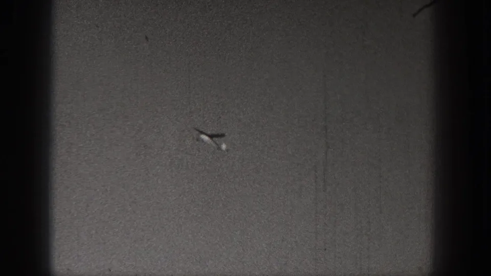 A small plane or model aircraft is isolated against the grainy sky near the end of the short home-movie clip.