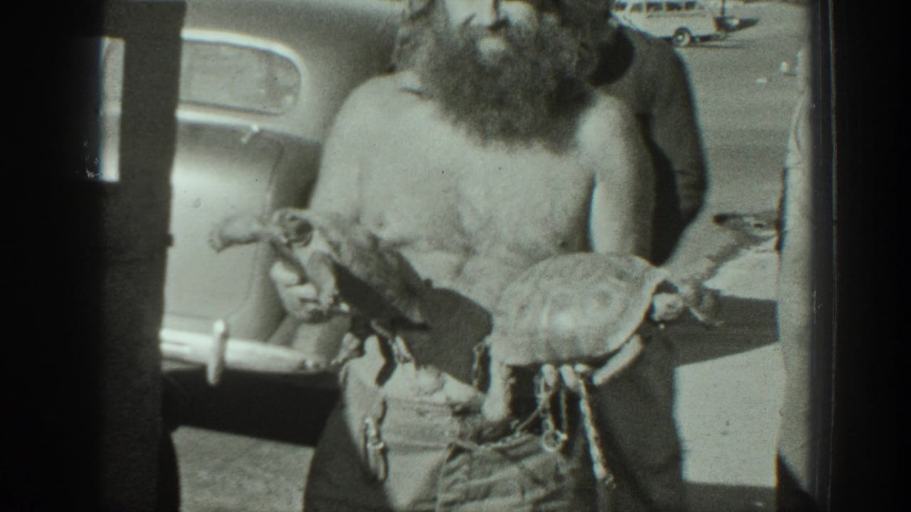 Close view of a bearded man holding two turtles in front of a parked car on a sunny street.