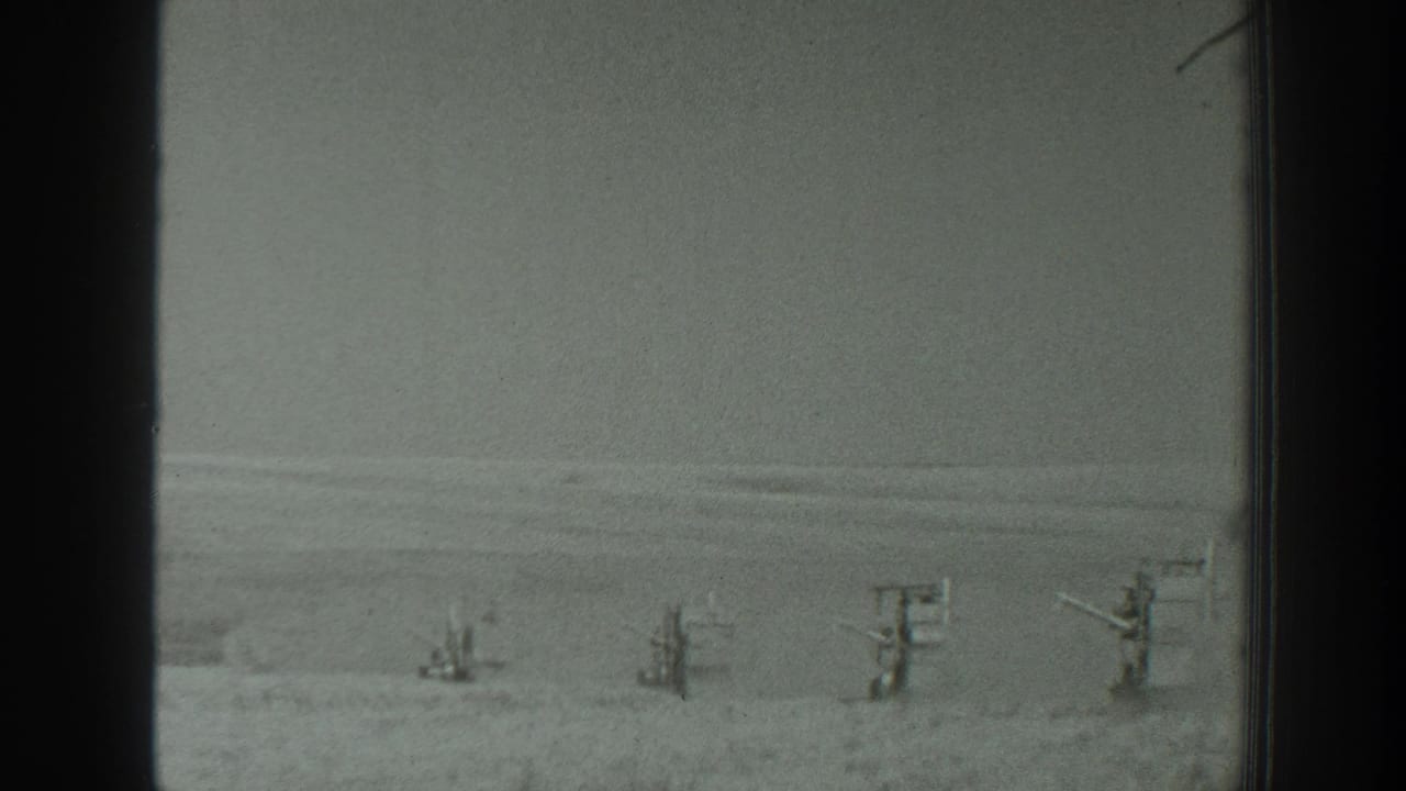 Dim snowy landscape with distant upright forms beneath a gray sky.