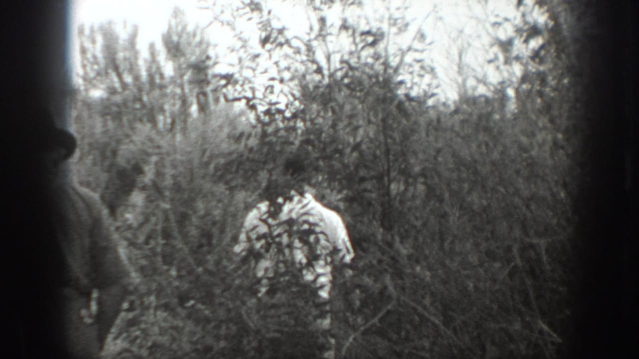 In 1939 California home-movie footage, adult men in light shirts and hats appear among dense shrubs and trees.