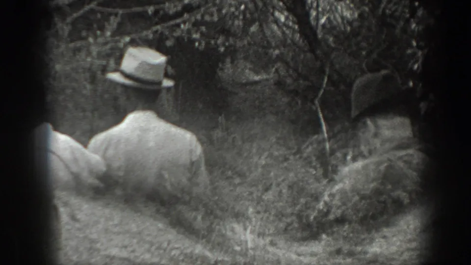 Two hat-wearing men are seen from behind on a narrow path through dense vegetation in the 1939 California footage.