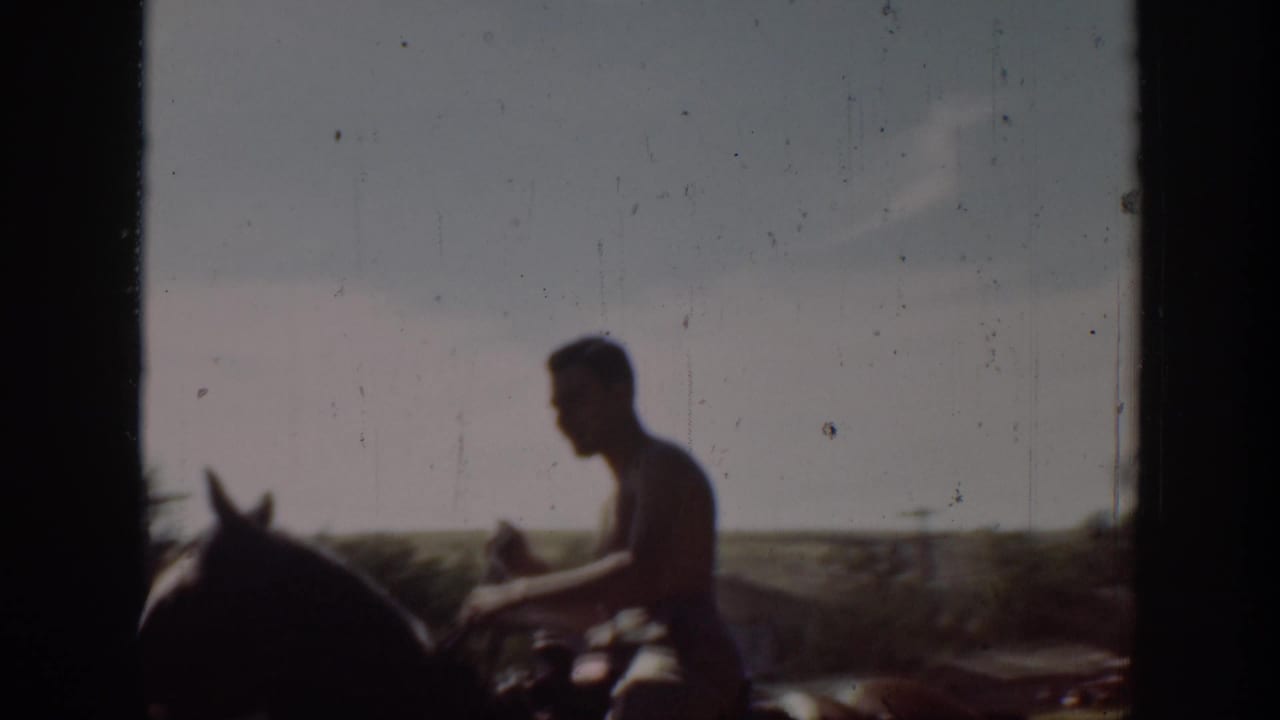 Side view of a shirtless rider on a horse against fields and sky.