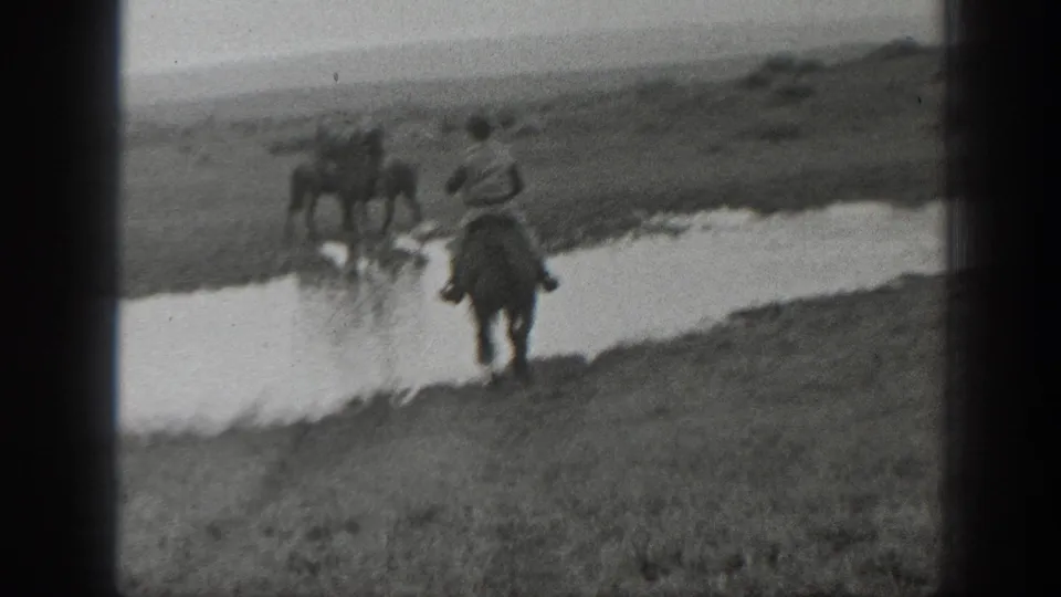 Black-and-white 1939 Montana frame of a rider on horseback moving behind horses across a shallow waterway.